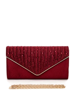 Crystal Pave Pleated Satin Clutch Bag 136-21036 BURGUNDY